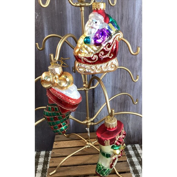Hand Crafted Glass Christmas Ornaments By Unique Treasures Sleigh Stockings X3 - Picture 3 of 16